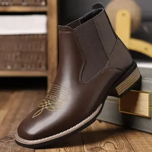 Men’s Chelsea boots, embroidered slip-on shiny vintage western cowboy boots, British-style rider boots, walking shoes