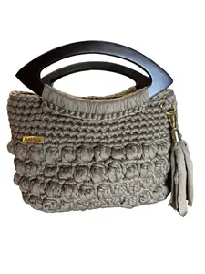 Handmade Crochet Top Handle Bag - Elegant Coffee Tone, Wood Handle, Lightweight, Made to Order Handheld Bag Purse Casual Trendy Purses