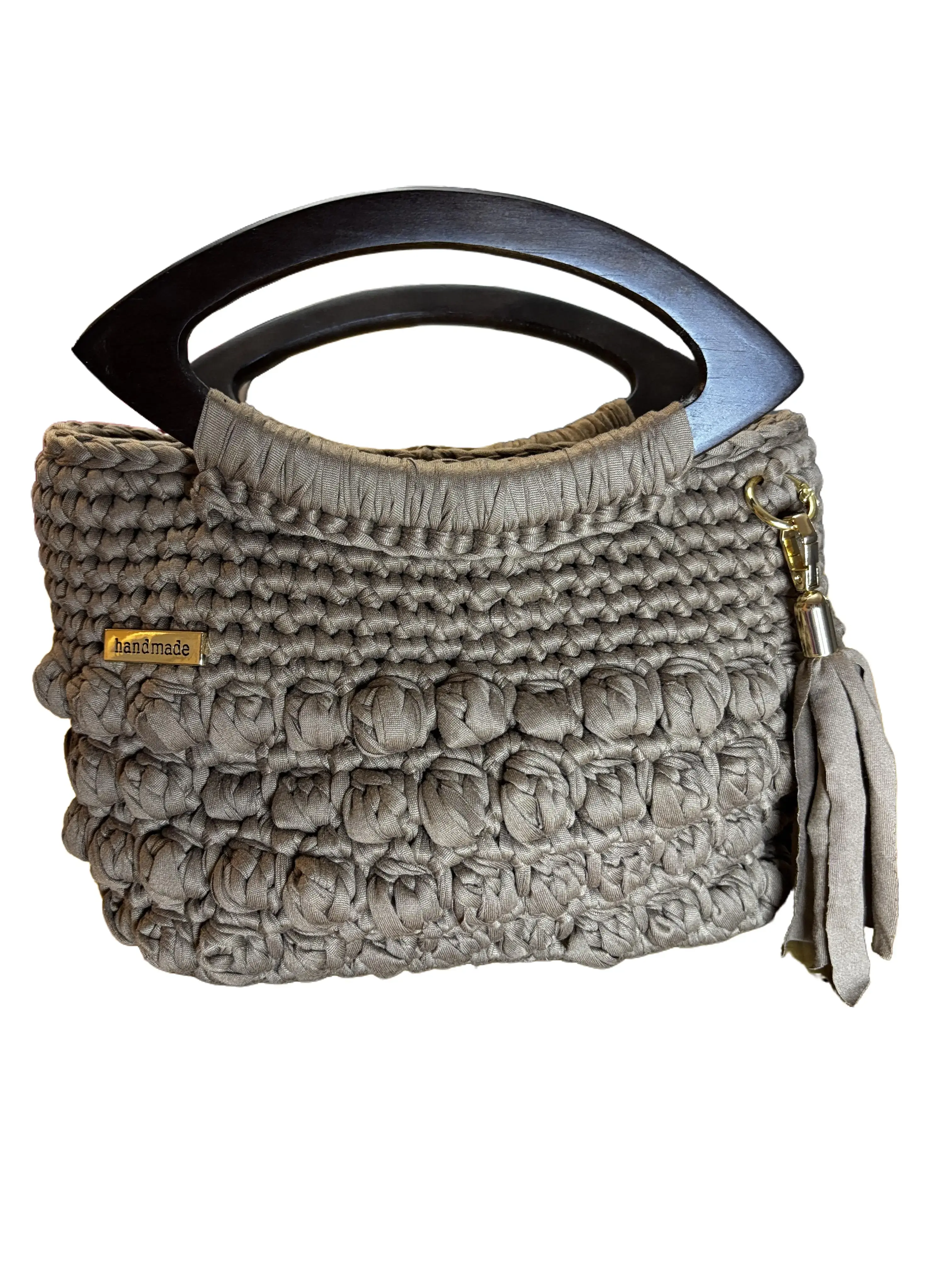 Women's Handmade Crochet Top Handle Bag - Elegant Coffee Tone, Wood Handle, Lightweight, Made to Order Casual Trendy Purses