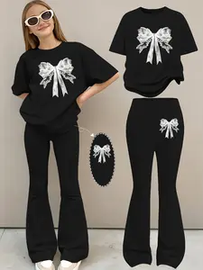 2pcs Girls' Summer Fashion Print Drop Shoulder Short Sleeve T-Shirt + Elastic Bell Pants Set, Comfortable Soft Sweat Absorbing Round Neck T-Shirt + Casual Bell Pants