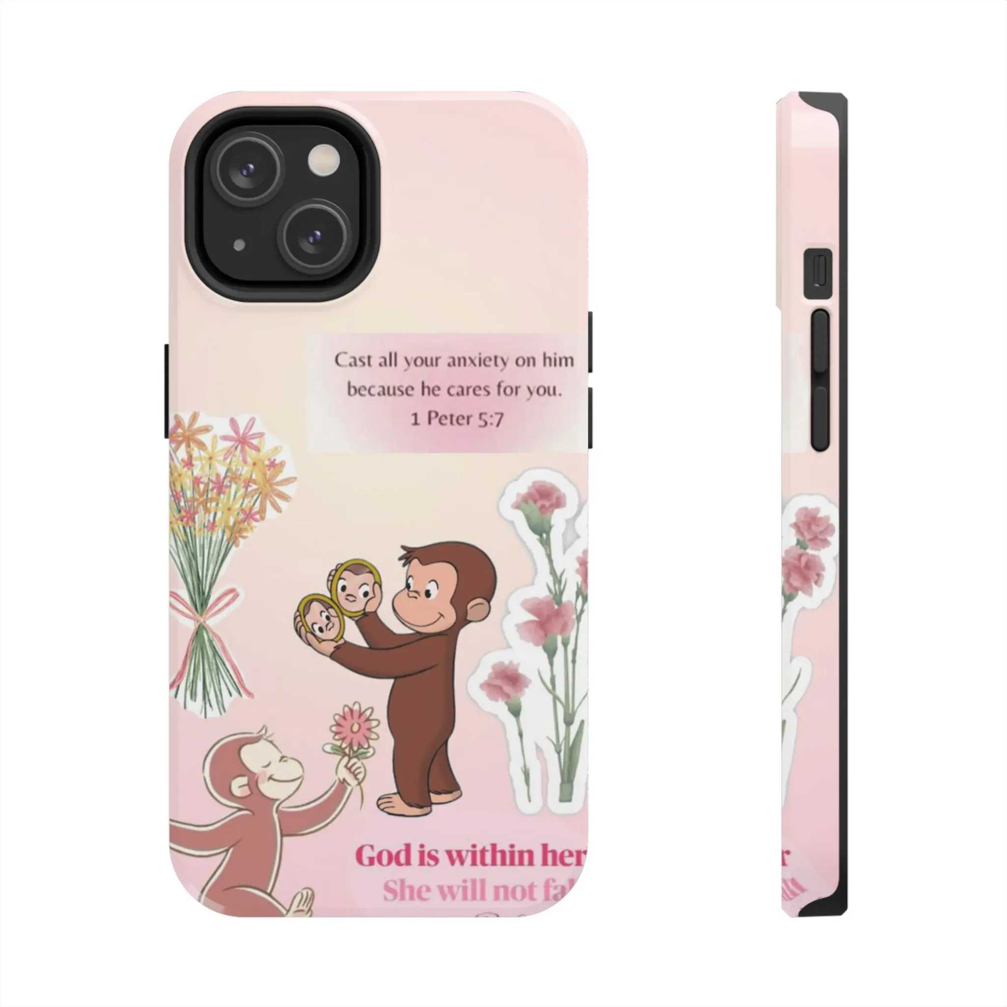Curious George - Cast Your Anxiety on Him - Bible Verse Phone Case  1 Peter 57 Christian Quote  Cover for iPhone 16 15 14 13 12 SE Max Pro, For Samsung Galaxy S20 S21 S22 S23 Plus Ultra FE, Gift, Beach, Smartphone, Shell