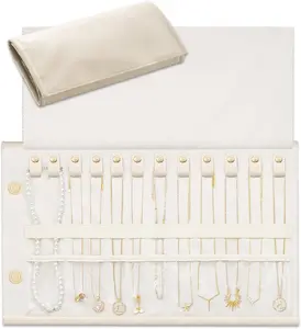 Travel Necklace Organizer, Tangle-Free Necklace Case for Travel, Leather Foldable Roll Up Jewelry Storage Bag for Necklaces Chains Bracelets, Beige 12 Slots Holder