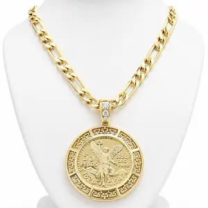 Luxury 50 Pesos Centenario Pendant 14K Gold Plated 22" Figaro Chain Unisex Statement Necklace Classic Cuban Design 8mm Width