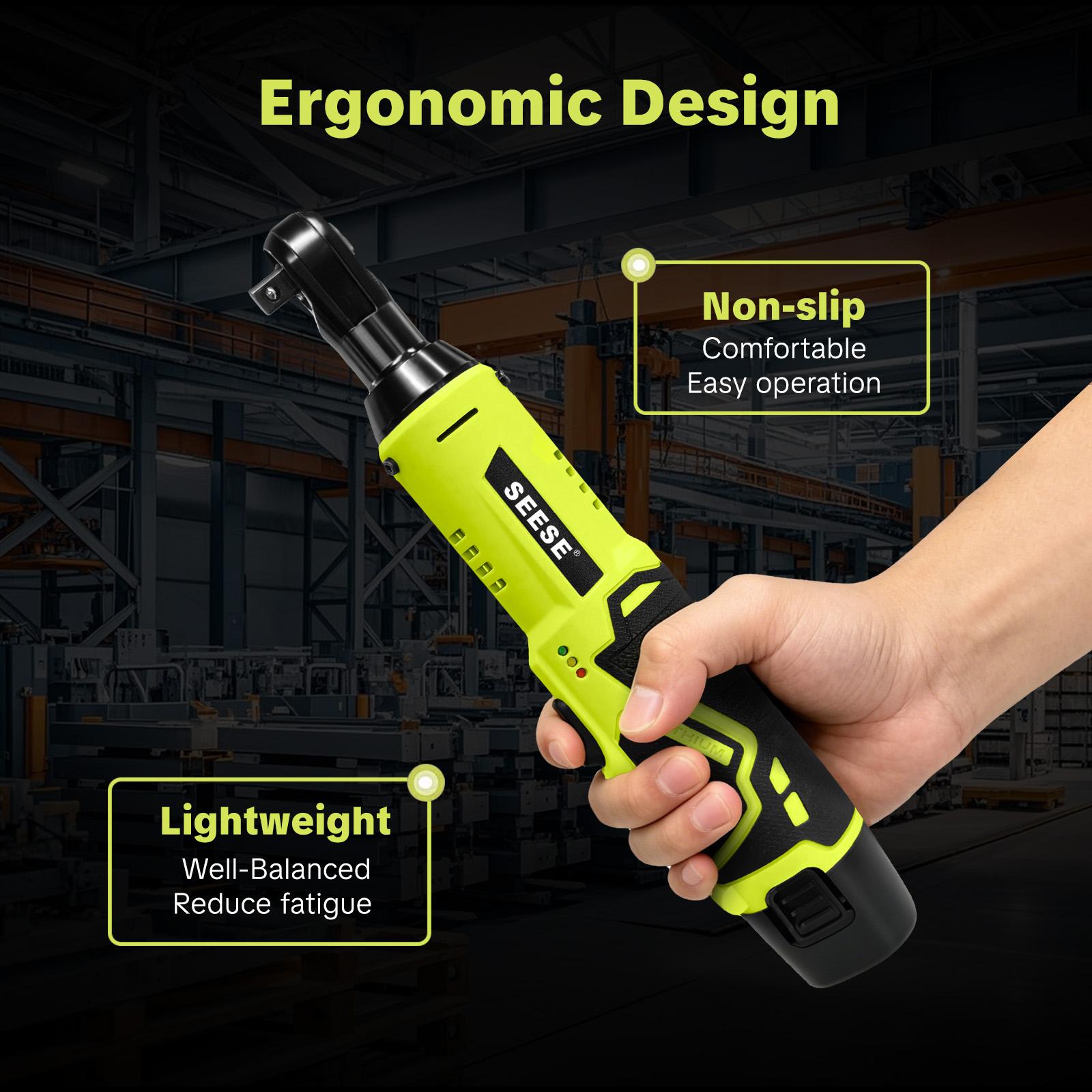 SEESE Cordless Electric Right Angle Ratchet Wrench, Socket Ratchet Wrench,3/8" Drive Cordless Torque Wrench With 2×12V Batteries And Charger，Includes 7 Sockets,Car Repair Tool for Screw & Nut Removal