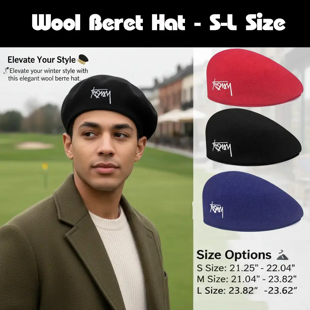 Wool Beret Hat - S-L Size, Embroidery Letter, Elegant Winter Cap for Men & Women, Stylish Outdoor Golf & Hunting Hat Suitable for teens,  Men and Women