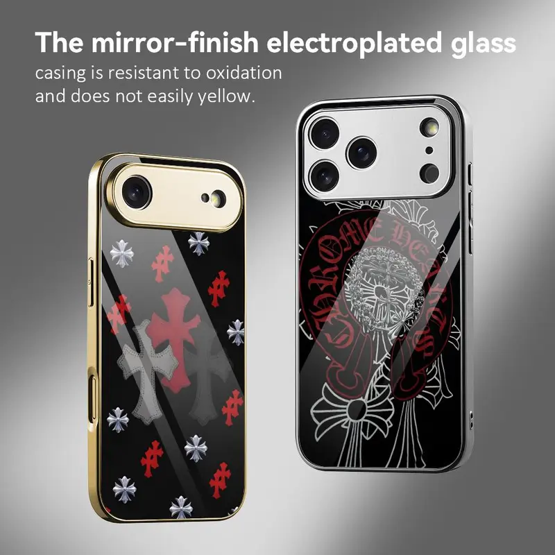 PIKPAKA Chrome HeartsS Phone Case For iPhone 17 16 15 14 13 12 Pro Max Plus Electroplated Metal Bumper Case Slim Thin Tempered Glass Hard Back