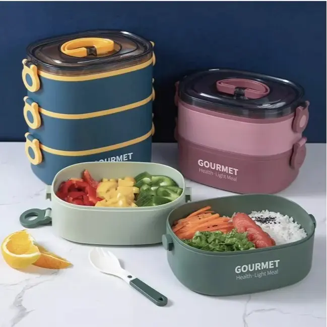 "3-Layer Stackable Bento Box - 2.8L Leak-Proof, Microwave Safe Lunch Box for Work, School, & Camping - Green" Plastic Tableware