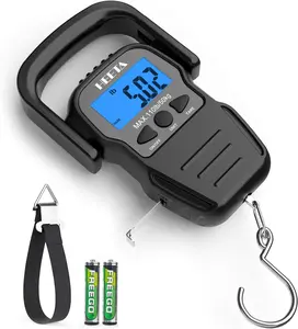 HEETA Fish Scale with Backlit LCD Display, up to 110Lb/50Kg Digital Portable Hanging Fish Weight Scale with Hook & Measuring Tape for Home, Farm, Outdoor, Hunting, Fishing, 2 AAA Batteries Included