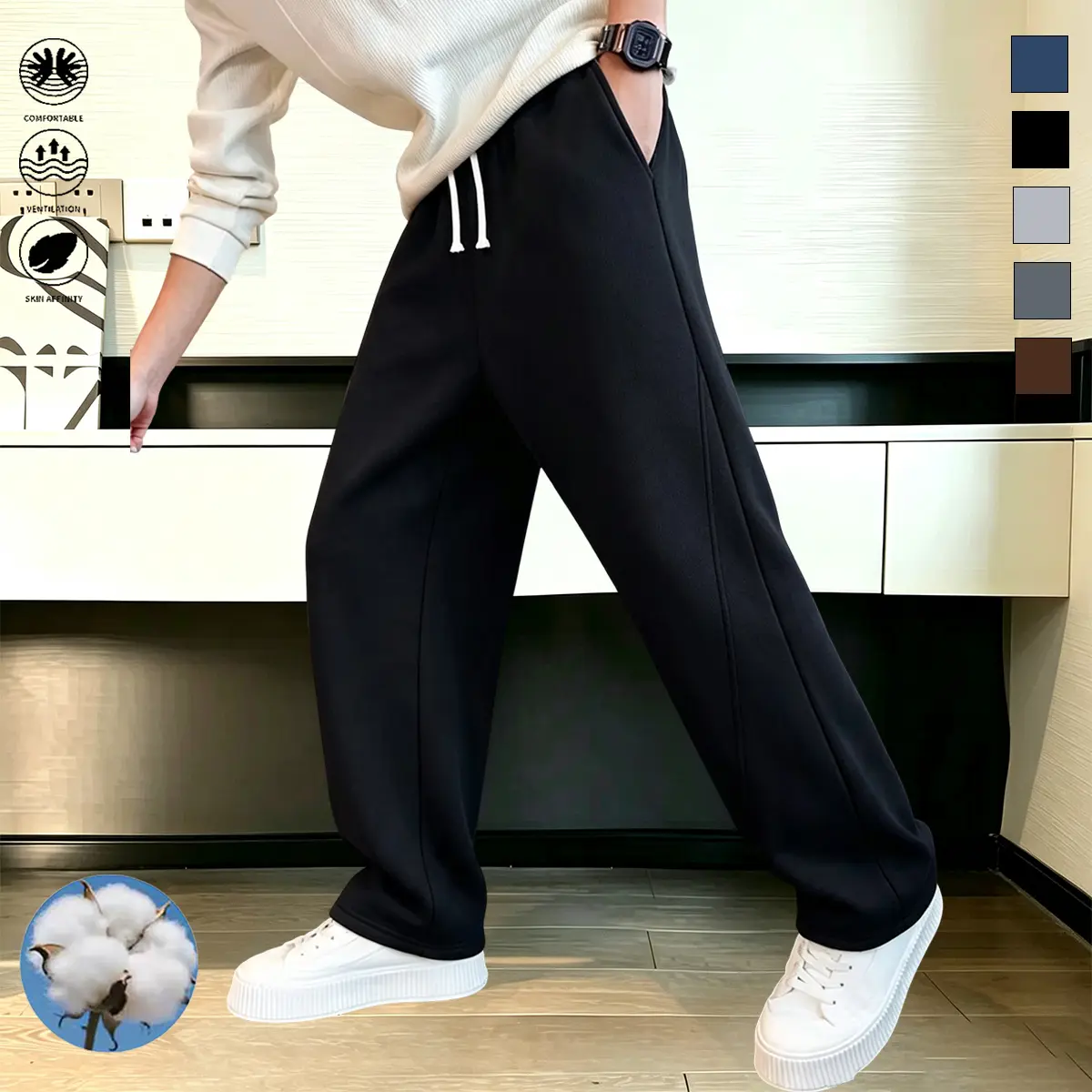 Men’s Fleece-Lined Thick Cotton Athletic Joggers - Loose Straight Fit, Elastic Drawstring Waistband, Side Pockets, Comfortable for Spring & Autumn, Machine Washable Long Pants, Loose-Fit, Elastic Waist Pants