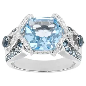 JTV Sky & London Blue Topaz with Prazana(R) Lab-Grown Diamonds Rhodium Over Sterling Silver Ring 4.03ctw