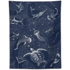 Shark Whale Turtle Cosmos Tapestry flagTapestry Wall Hanging Curtain Decor Bedroom Home Living Room Wall Art Tapestries Decorative Gift Lace Table