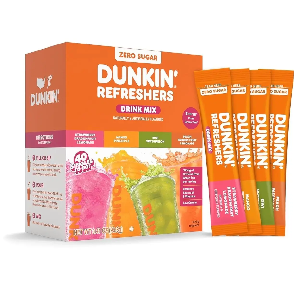 Dunkin’ Refreshers Singles To Go Powdered Drink Mix, 40 Ct Variety Pack, Green Tea Energy, Aspartame Free, No Synthetic Colors, Just Add Water, 40 Single-Serve Packets