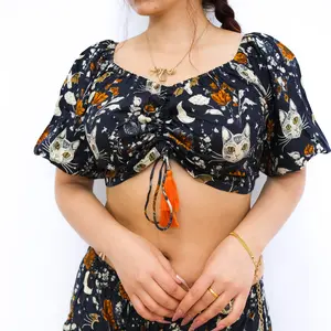 Boho Cat Moon Print Crop Top with Moon Floral Puff Sleeve Fairycore Ruched Tassel Blouse for Festival Wear