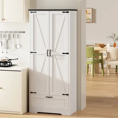 Walsunny White Kitchen Pantry Cabinet, 65"Farmhouse Tall Storage Pantry Cabinet with Adjustable Shelves & Barn Doors, Freestanding Kitchen Cupboard for Dining Room, Living Room