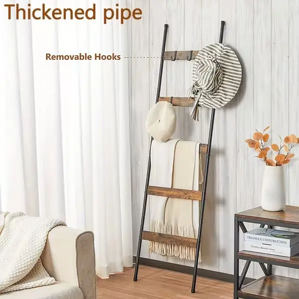 5-Tier Blanket Ladder with 10 Detachable Hooks - Farmhouse Wooden Quilt & Towel Rack, Decorative Wall-Leaning Storage for Living Room & Bathroom