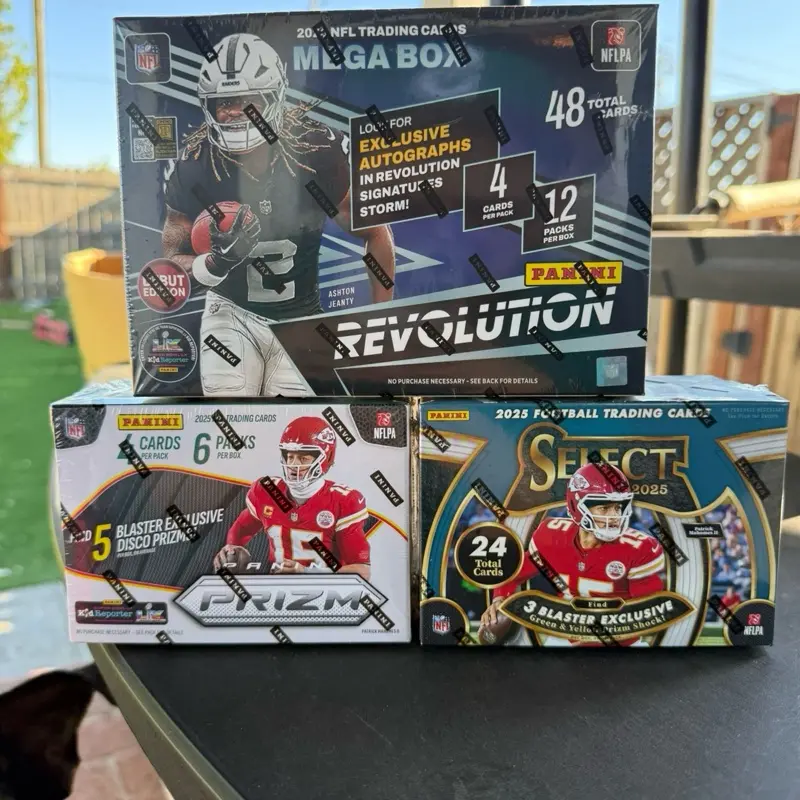 3 Box Football Break - 1 Mega Box 25’ Panini Revolution - 1 Blaster Box 25’ Panini Prizm - 1 Blaster Box 25’ Panini Select