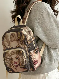 1 piece of vintage curl girl pattern 2D printed lady's backpack, corduroy texture + layered storage + light weight reduction | perfect for students to go to class/shopping/short trips | atmosphere and practicality combined