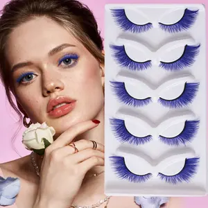 5 Pairs Vibrant Blue D Curl False Eyelashes, 4-16mm Gradient Wispy 3D Fluffy Strip Lashes, Reusable Voluminous Lash Extensions for Events