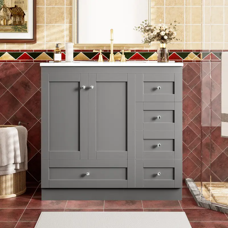 36 inch Shaker Style Free-Standing Bathroom Vanity Cabinet with Ceramic Sink, 4 Soft-close Drawers and 2 Soft-close doors   WL