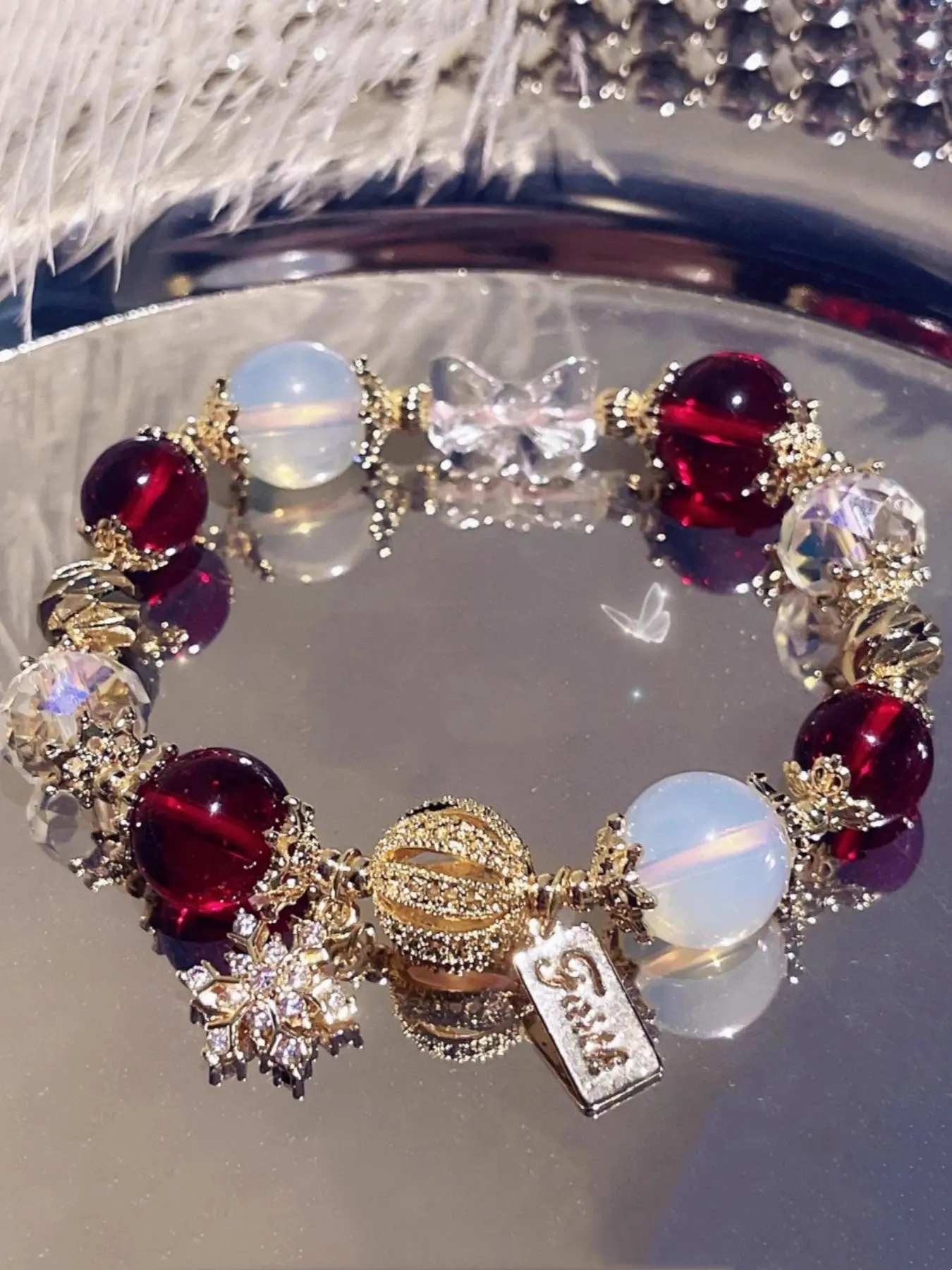 1 piece Bohemian-style Christmas snowflake bead bracelet, Boho Style Bracelet, made of antique alloy with artificial crystal, natural stone, glass, Non-magnetic, no pendant, Jewelry accessory, wedding accessory