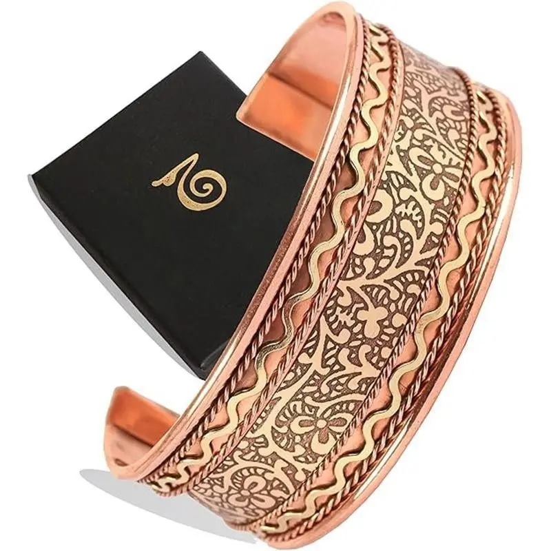 Unisex All-Copper Cuff Bracelet - Handcrafted Tibetan Style, Classic Engraved & Embossed Design, Decorative Metal Accents, Adjustable Cuff Shape Fashion Jewelry for Handmade Gifts