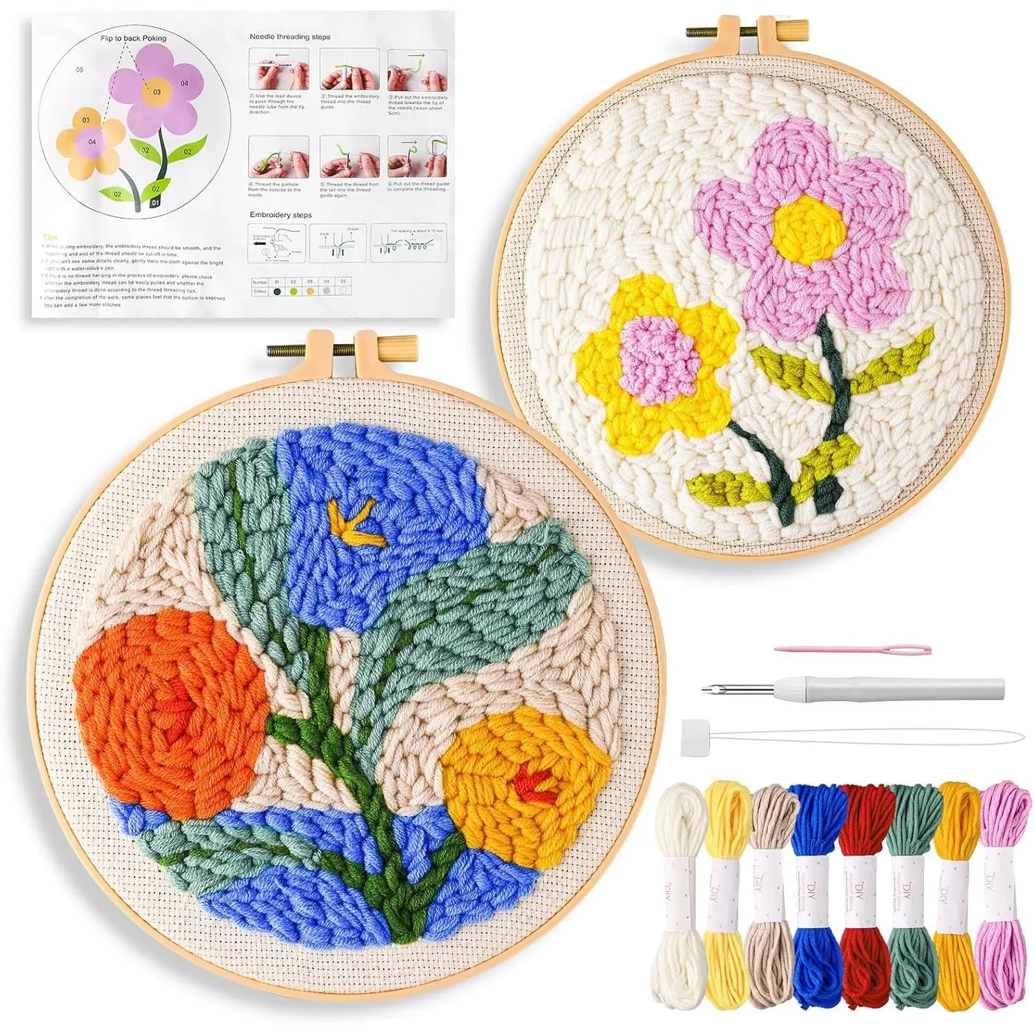 Punch  Kits Adults Beginner, 2 count DIY Easy Flower Embroidery Set with Patterns, Tools, Yarns, Hoop, Instruction for  Decor, Craft  (Flower 1