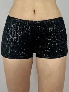 Women's Sexy Nightclub Black Sequin Ultra Short Pants, Drop Waist Slim Fit Casual Mini Pants, All-Season Wear, Casual Fitted Shorts