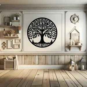 Elegant Tree of Life Metal Wall Art, Circular Design _ Intricate black metal trim with nature-inspired patterns for home and office decor Poster Ornaments Room Artistic Decoration Print posters Photo 40*40Cm