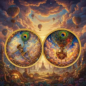 2D Replica Coins, Steam Skull Cowboy Hot Air Balloon & Peacock Feather Fantasy Art Commemorative Coin, Vintage Relief Challenge Coin