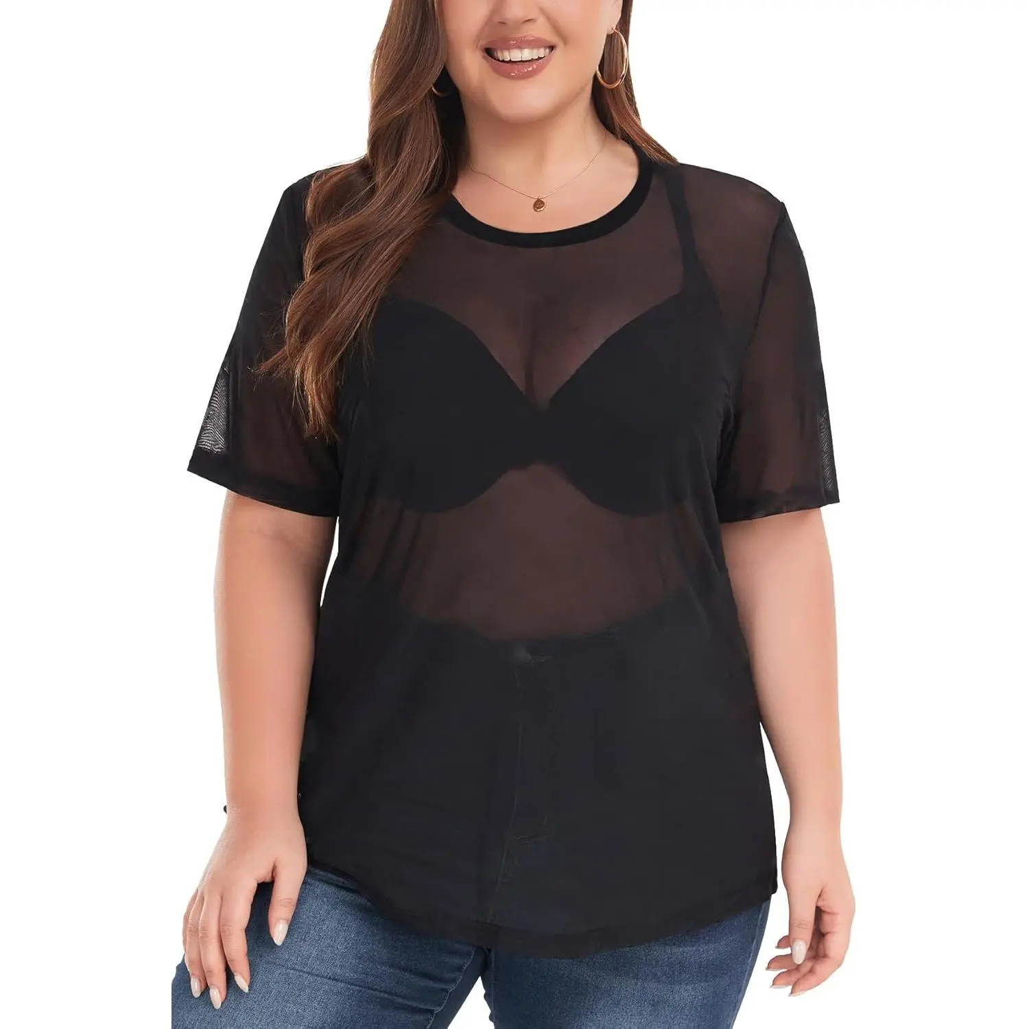 Women's Plus Size Tee, Holographic Glitter Sheer Mesh Short Sleeve Top for Parties, Disco Events & Halloween, Shortsleeve, Casual, Round Neck