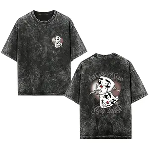 [EOVCAU]Men's 100% Cotton “Smiles now, cries later” clown mask graphic T-shirt，Chicano Clothing Cotton Graphic acid wash Tee， humor streetwear tee for both men and women，The perfect Halloween gift for your husband