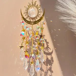 Bohemian Glass-Iron Crystal Light Catcher Wind Chime, Non-Electric Leather-Accent Hangable Rainbow Pendant, 1pc Charm Ornament, Thanksgiving Home Window Decoration