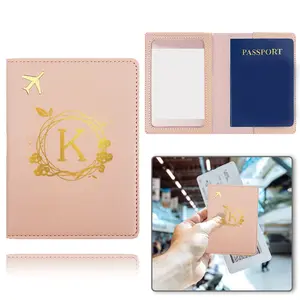 PU Leather Folding Passport Cover with Credit Card Organizer, Waterproof Ticket Storage Case for Travel, Large Capacity with Personalized Initials and Wreath Letters Pattern