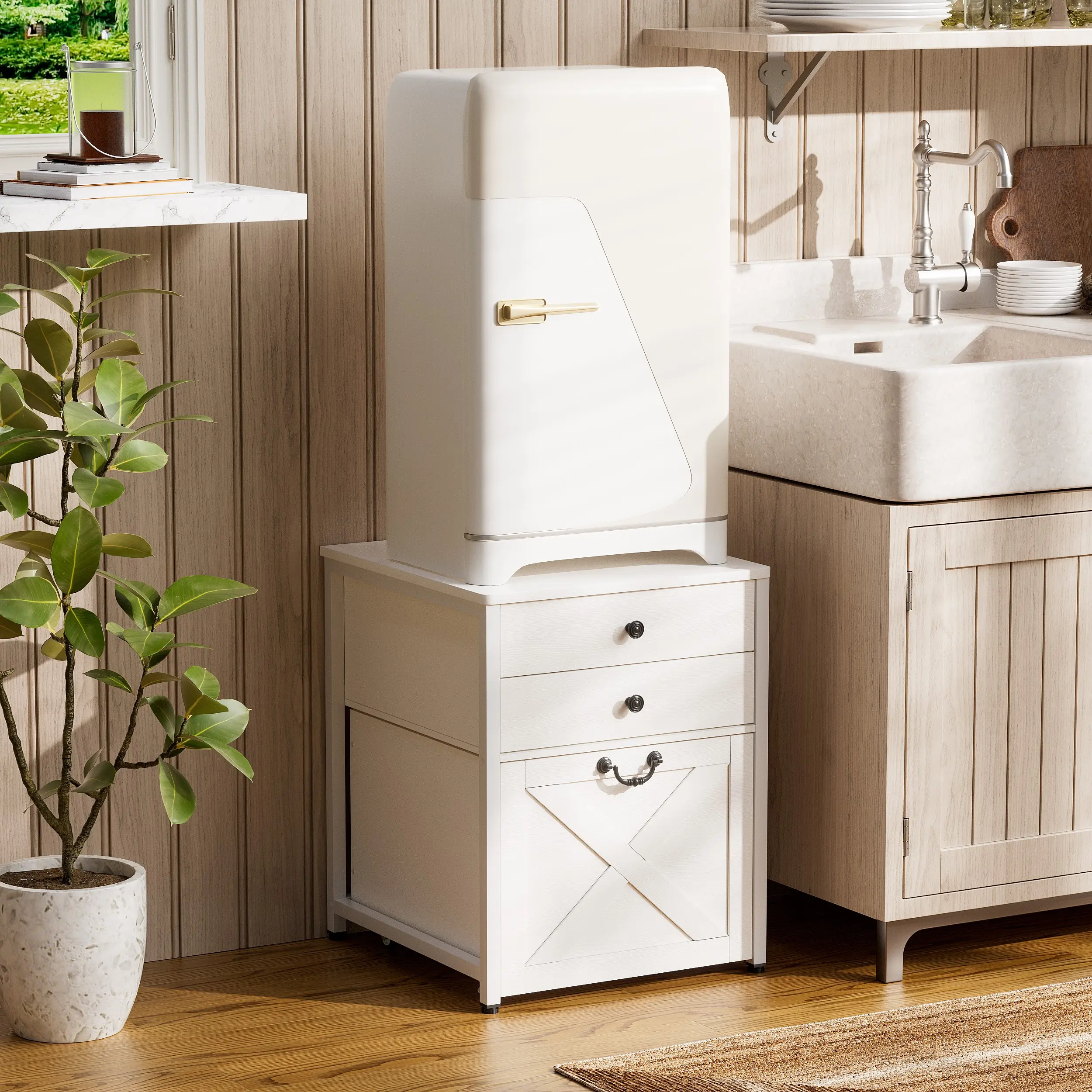 Farmhouse Mini Fridge Stand with Storage,Heavy Duty Fridge Cart with 3 Drawers,Mini Fridge Cabinet with Rolling Cabinet,Beverage Fridge Table for Dorm,Home,Office,Bedroom(White)