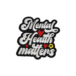 Patch Party Club, (1-pc) "Mental Health Matters" Embroidered Patch - Black & White with Three Hearts and Sunflower Accents, Size 4", Inspirational Patch, DIY