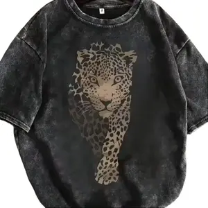 Leopard Print Vintage Washed Cotton T-Shirt - 230g Heavy Fabric, Crew Neck, Short Sleeve, Retro Streetwear, Loose Fit, Machine Washable, Casual Tops for Spring & Summer, Stylish, Easy-Matching Women's Clothes summerwins,summerwins