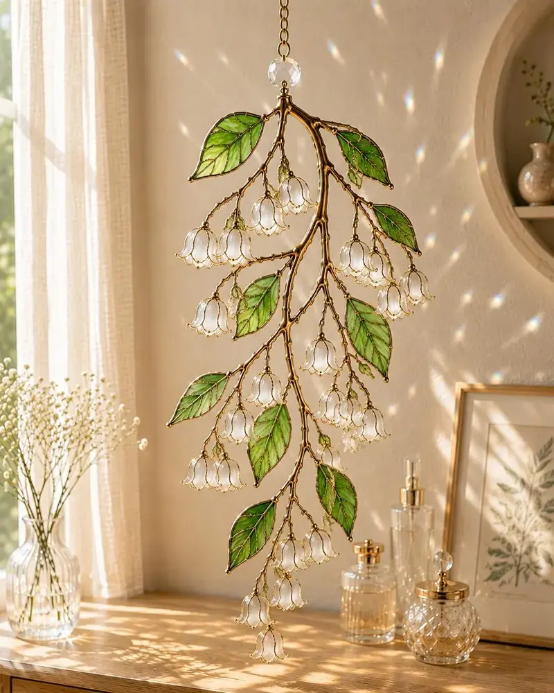 Cottagecore Lily of the Valley Hanging Suncatcher Lamp, Aesthetic Fairycore Stained Glass Warm Gold Branch Chandelier, Cozy Bedroom Window Hanging Light Christmas Gift