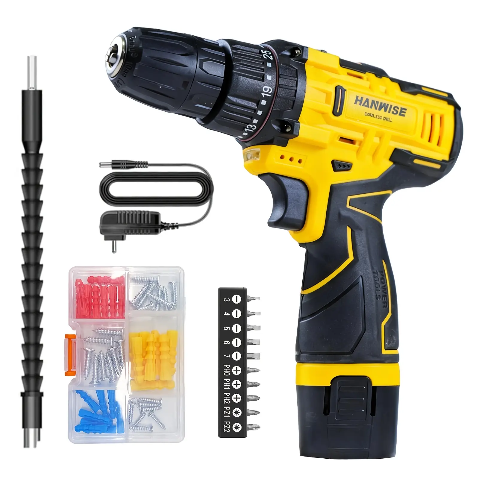 HANWISE 12V Cordless Lithium Driver Drill Set - Dual Speed, 3/8" Keyless Chuck, Impact Function, Wireless Toolkit, DIY Gadget Tool, Tools of the Trade for Home Repairs, Wood/Metal Work