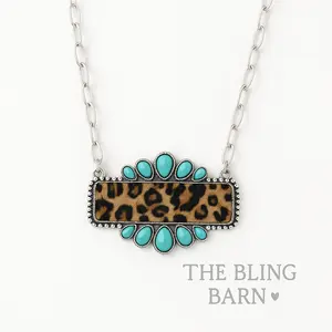 Sunset Standoff Necklace – Turquoise & Leopard Western Statement Piece Bar Pendant Chunky Chain