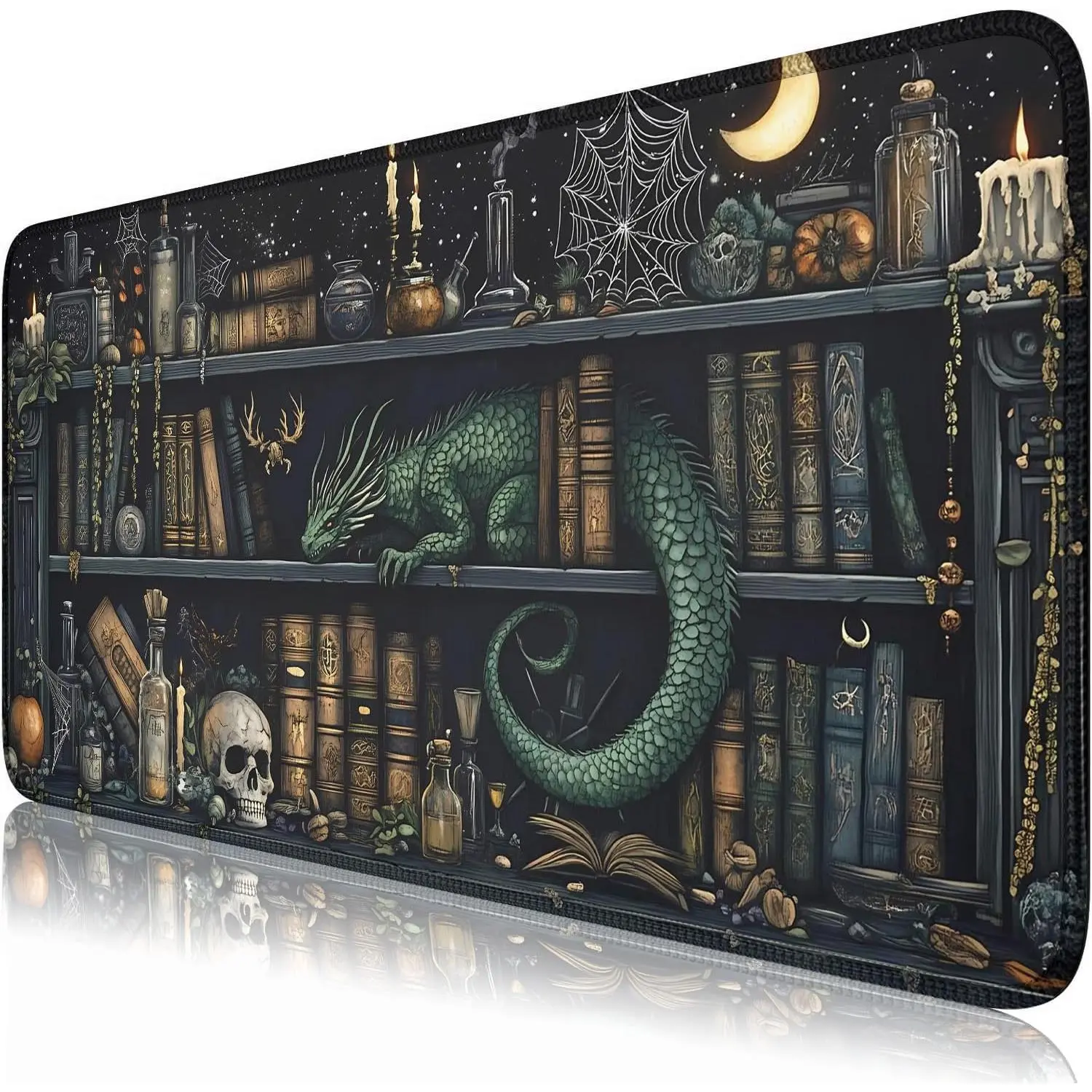 Desk Mat Dragon Library Bookshelf Mouse Pad Big XXL Extended Gaming Large Mouse Pad for Desk Mousepad with Stitched Edges, Keyboard Mouse Mat for Work Game Office Home 24x14in
