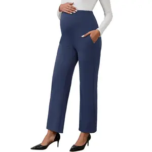 INSPIRE CHIC Women's Maternity Stretch High Waisted Wide Leg Pregnant Palazzo Pants Large Navy Blue