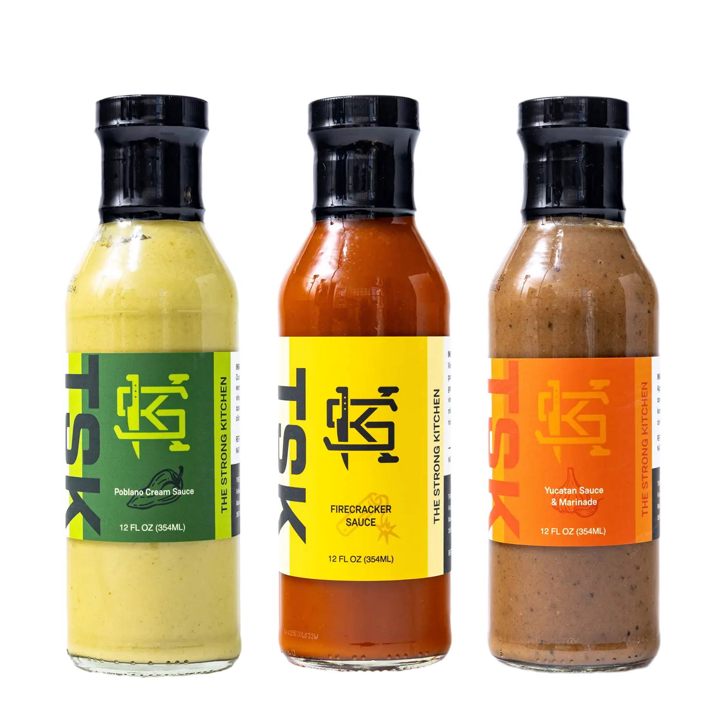 The Strong Kitchen Variety Pack - 3 Most Popular Sauces - Firecracker, Poblano Cream & Yucatan for Endless Flavor Creations - 12 FL OZ Bottles