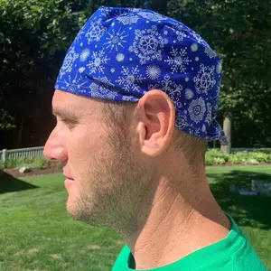 Blue silver snowflake Christmas Hanukkah Skull Surgical OR Hat Scrub Cap Mens 100% Cotton Tie Back Eco-Friendly Reusable Comfortable Durability