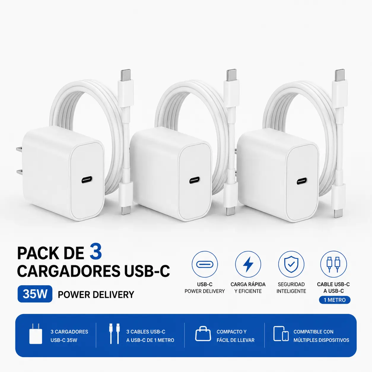 3 Pack 35W Single Port Fast Charging Blocks with Cable - Travel-Friendly PD Wall Chargers for iPhone 15/16/17, USB-C Phones, Tablets, 3 Pcs, 35W Usb-C Fast Charger Block
