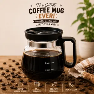 16 Oz Glass Coffee Mug with Lid,Handle, Cute Coffee Pot Look Novelty Mug, Clear Measuring Coffee Cup with Oz Marks, Reusable Drinkware for Hot Coffee, Iced Coffee, Tea, Latte, Home Office Desk, Coffee Lover Gift