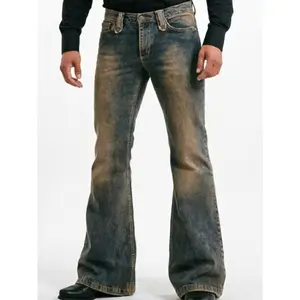 Men's Retro Bell Bottom Jeans Vintage Faded Flare Leg Cotton Casual 70s Style Denim Pants