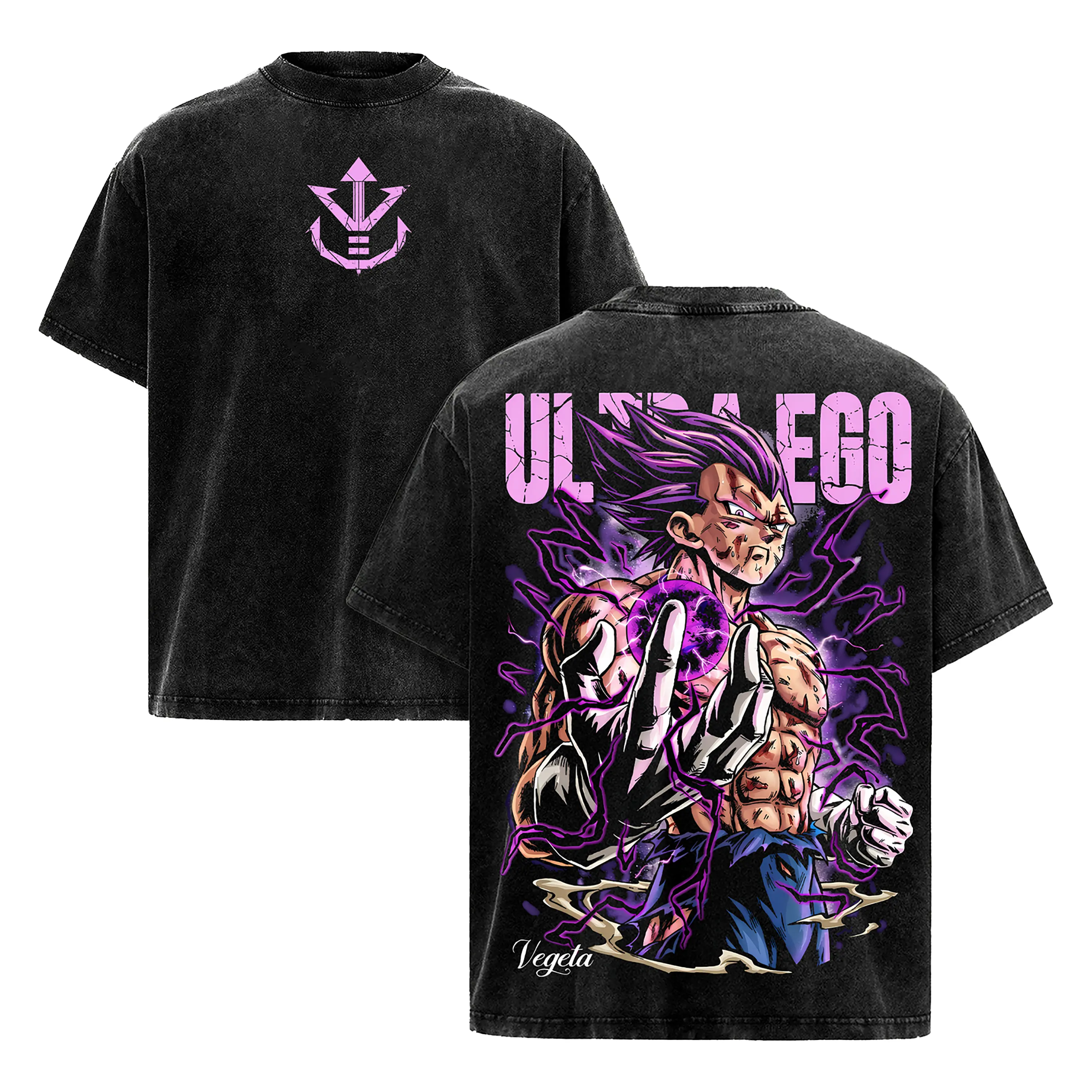 Ultra Ego Vegeta Washed T-shirt - DBZ Acid Wash Oversized Shirt - Anime Streetwear Gym Pump Cover