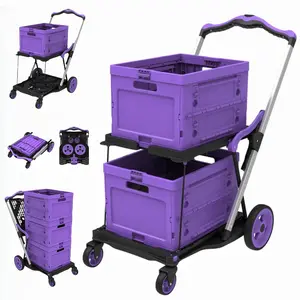 Foldable Utility Cart with Wheels,2 Layers Multifunctional Folding Cart for Cosmetic Organizer,Grocery,Office,Warehouse,Garden, Double Layers Foldable Shopping Cart,Folding Trolley for Luggage Heavy Duty(Blue/RED/PINK/Purple)