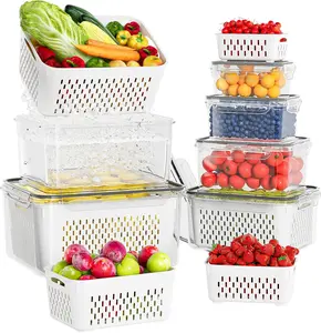 6 Pack Fruit Storage Containers for Fridge with Removable Colanders, 4 in 1 Produce Storage Containers with Lids, Leakproof Fridge Organizer Bins Keep Berry,Vegetable, Fruit, Meat Fresh Longer