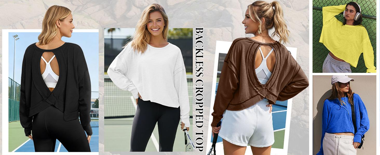 Mundoven Womens Open Back Workout Top Long Sleeve Athletic Shirts Casual Crop Running Tee Y2k Yoga